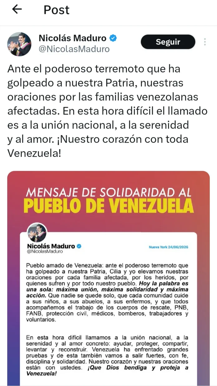 Maduro llama a la unión tras terremotos.