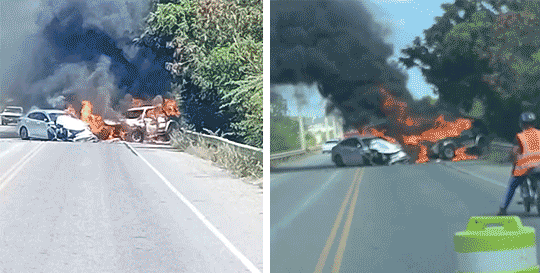 Yipeta en llamas tras accidente en Baní