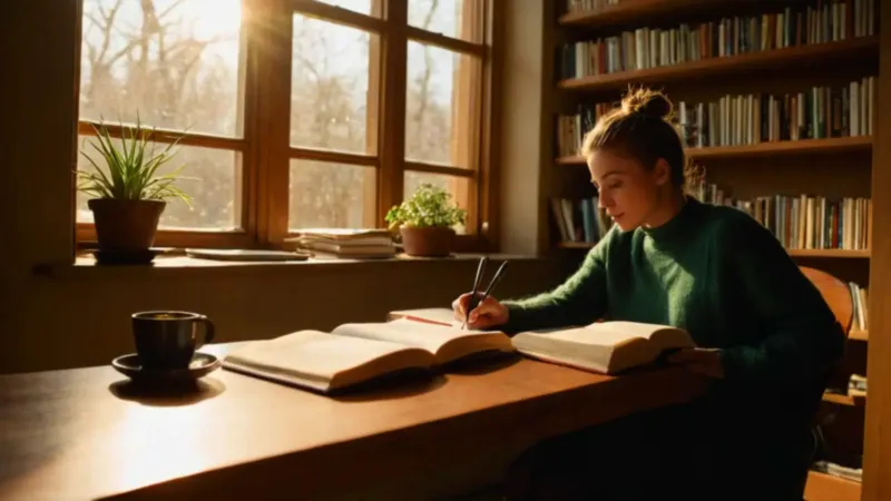 Alguien lee concentrado en un escritorio soleado