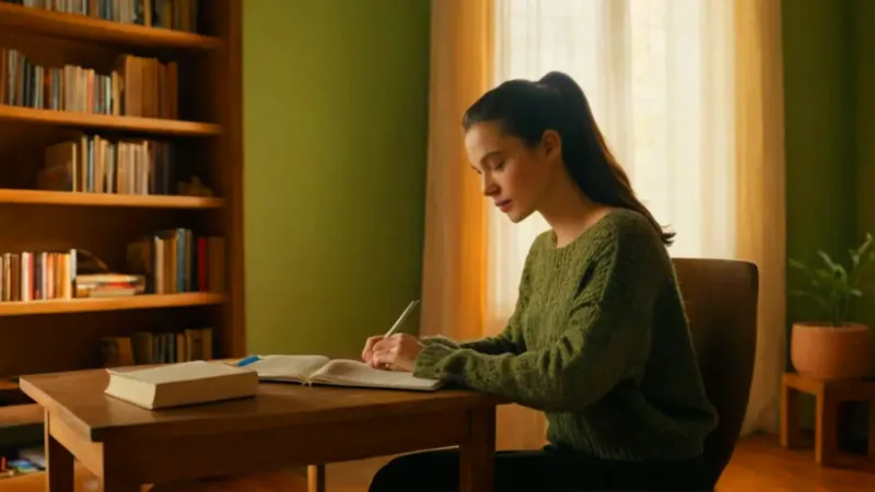 Mujer concentrada en una habitación soleada