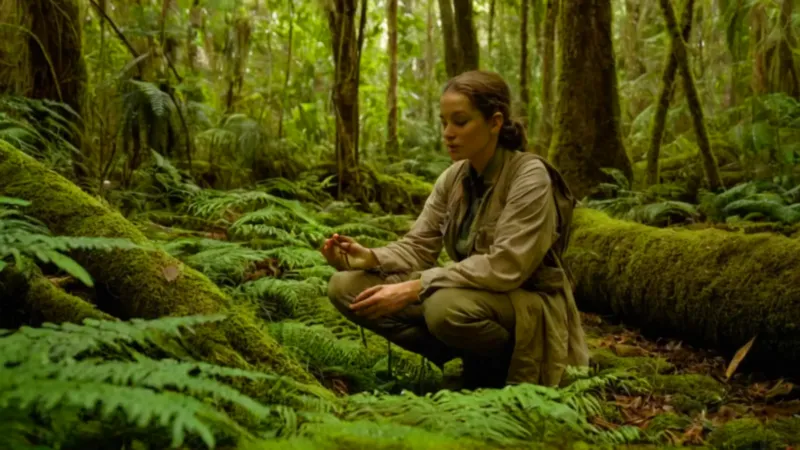 Una persona observa un anfibio en la selva