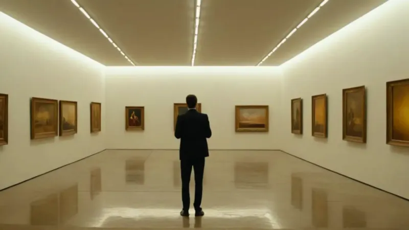 Una persona sola contempla arte en galería