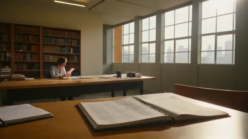 Investigadora absorta en su despacho al atardecer