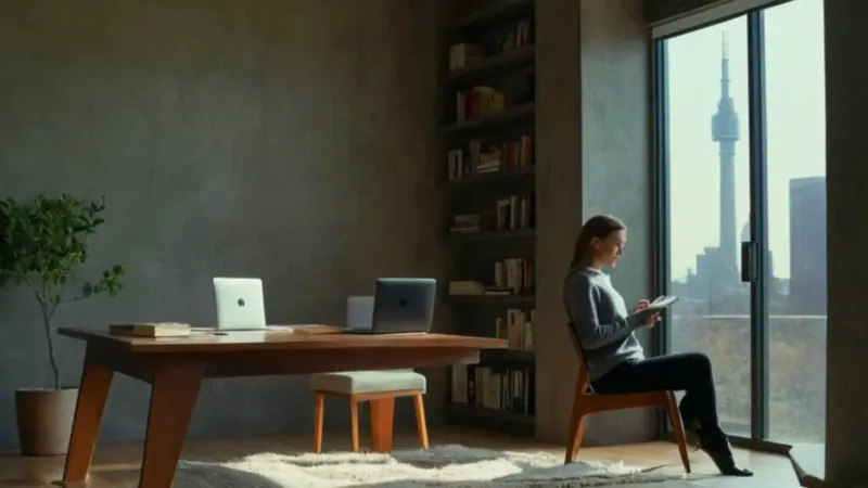 Mujer trabaja en un tranquilo estudio soleado