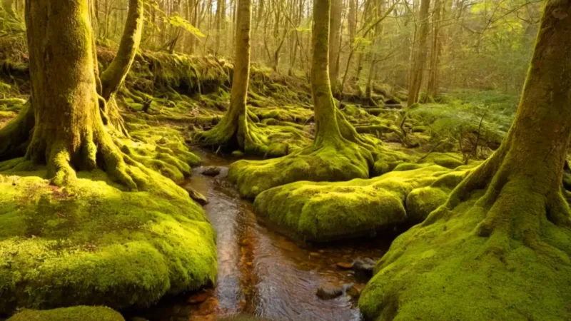 Mujer arrodillada junto al arroyo del bosque