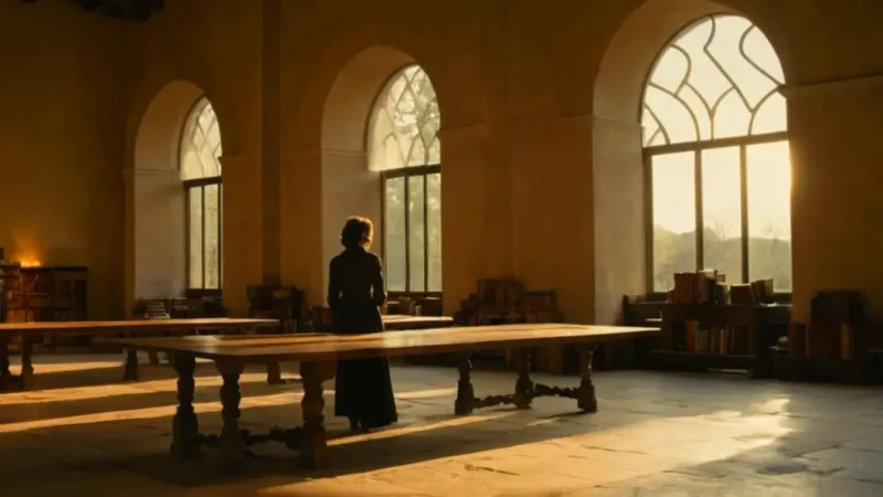 Una figura estudia en la silenciosa biblioteca