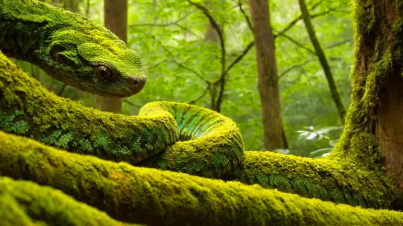 Alguien observa una boa verde en la selva