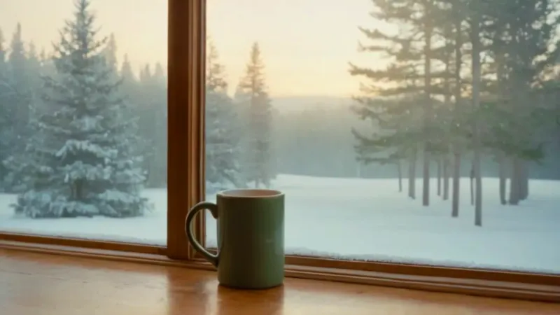 Acogedora mañana de invierno tras la ventana