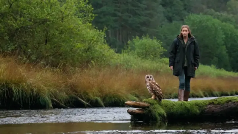 Figura sostiene un búho junto al río