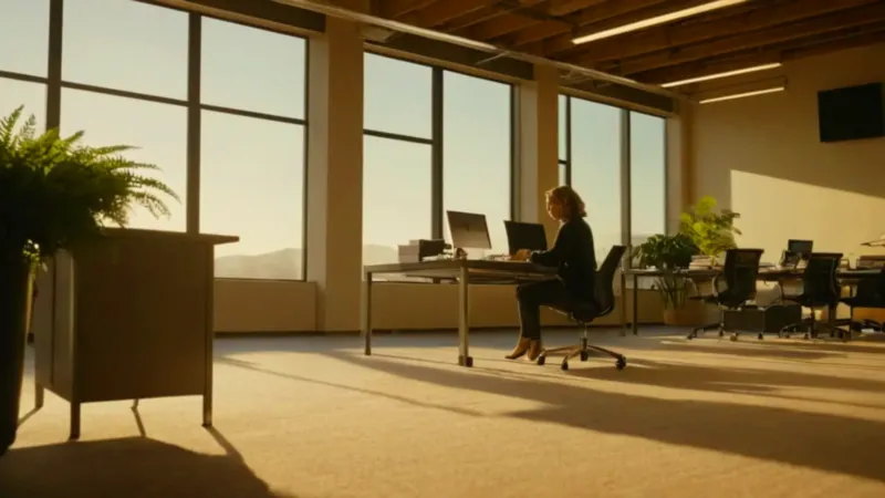 Mujer en oficina con luz del atardecer