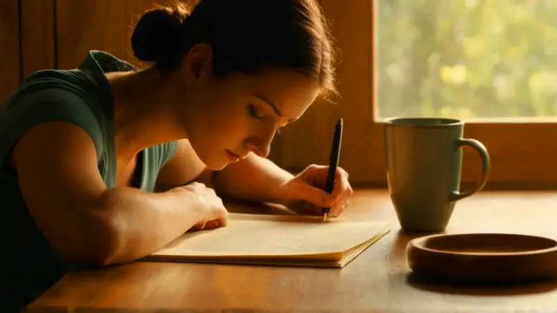 Una mujer escribe concentrada en su escritorio