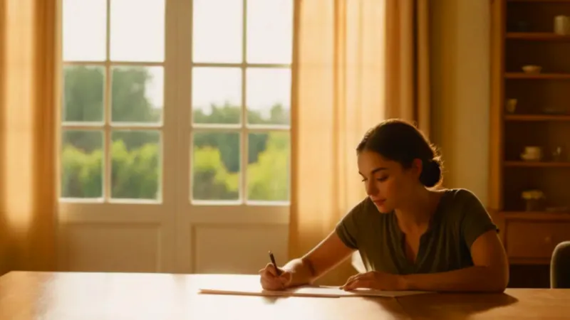Mujer escribe en una habitación iluminada cálidamente
