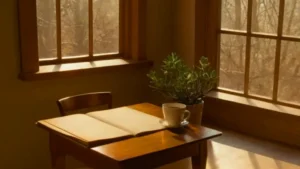 Una figura escribe sola al atardecer