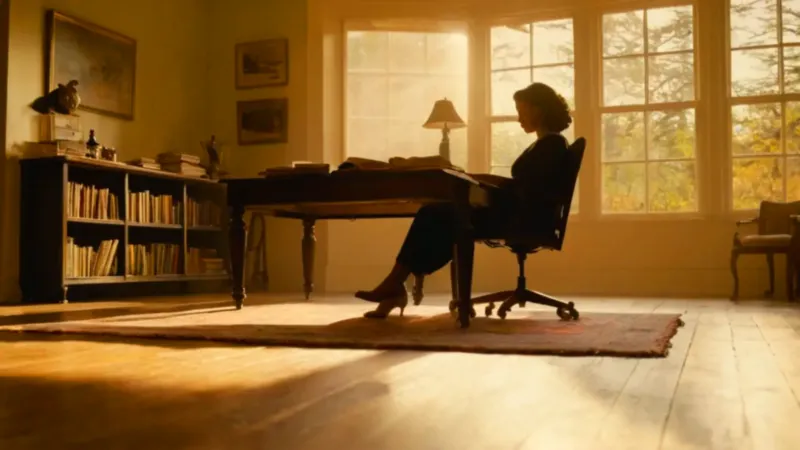 Una escritora piensa frente al atardecer