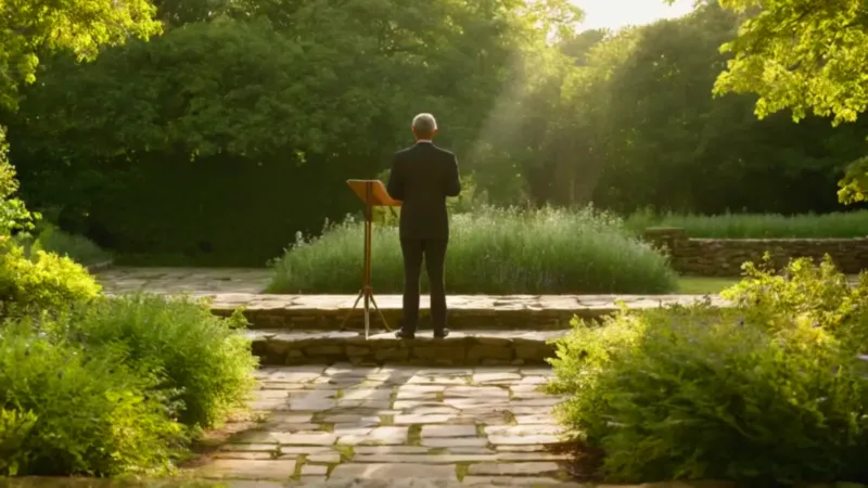 Hombre inmóvil ante un cazo en atril