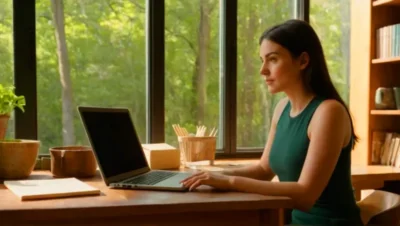 Joven estudia en un despacho muy soleado