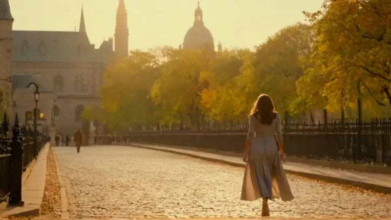 Elegante mujer cruza la calle dorada