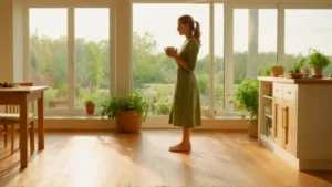 Mujer en una tranquila y luminosa cocina