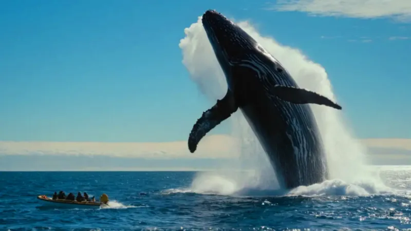 Una ballena colosal emerge junto al bote