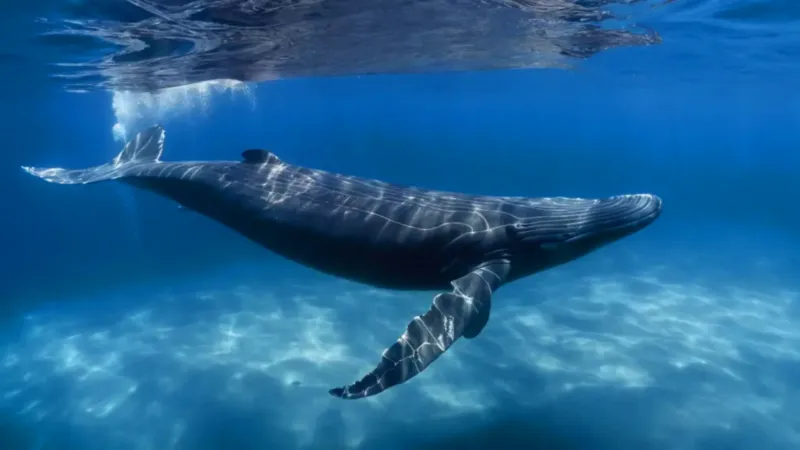 Un buzo flota ante una ballena colosal