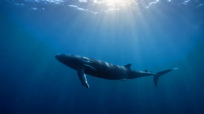 Una ballena inmensa empequeñece al buzo