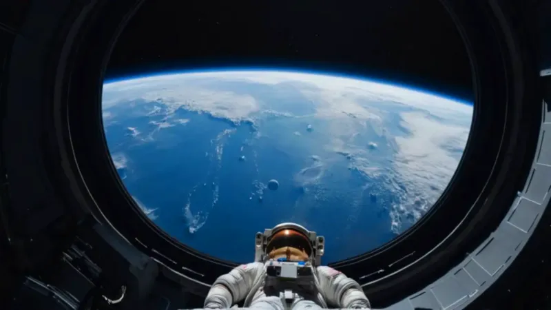 Astronauta contempla un inmenso planeta azul