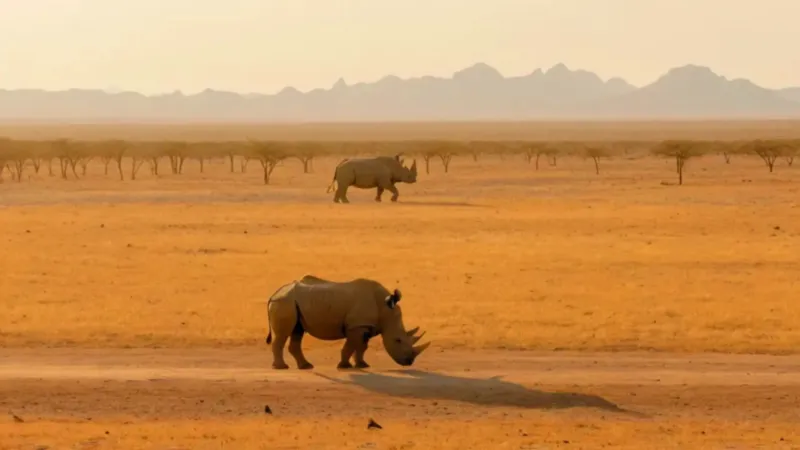 Un guardián y un rinoceronte en la sabana