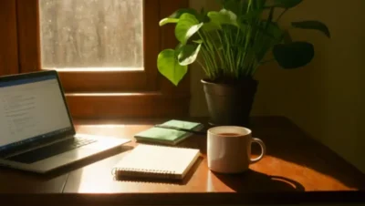 Persona trabajando en un escritorio soleado