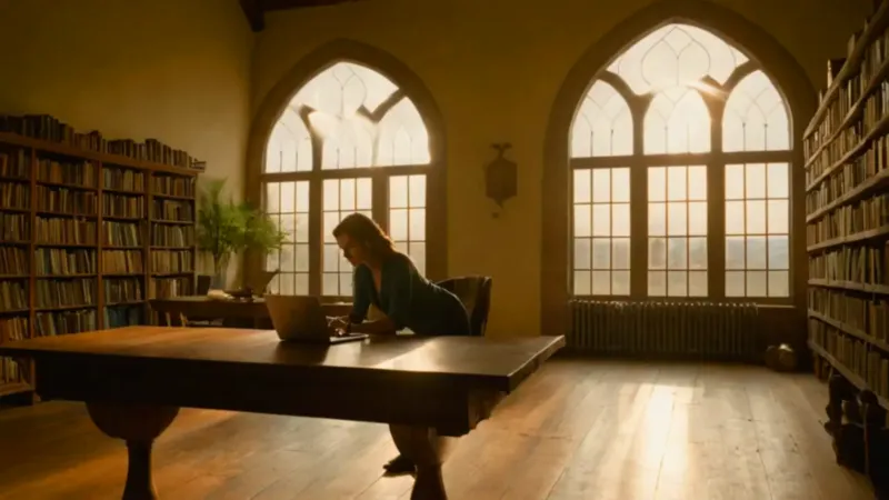 Una mujer estudia en la inmensa biblioteca