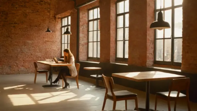 Mujer escribe en un café luminoso