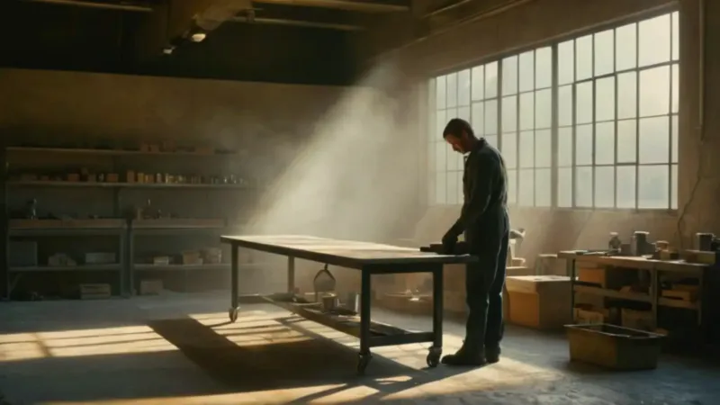 Figura inspecciona un metal bajo la luz