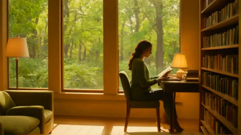 Mujer concentrada estudia en un cuarto iluminado
