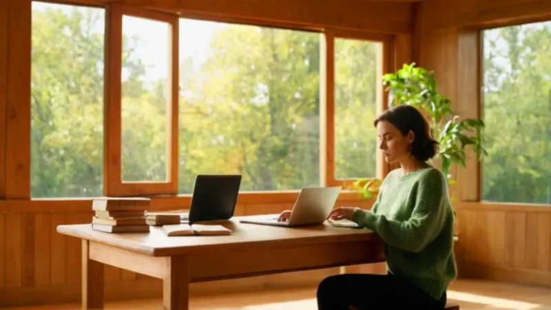 Mujer concentrada estudia en un escritorio soleado