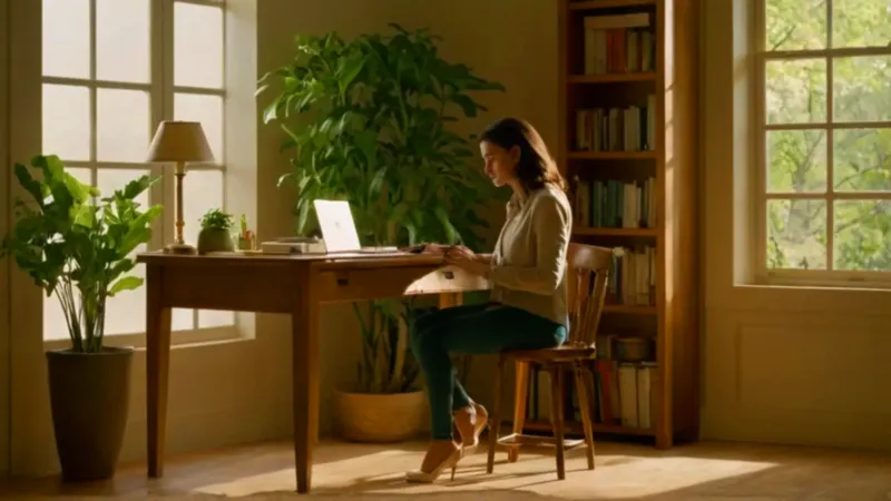 Mujer en un escritorio bañado de luz