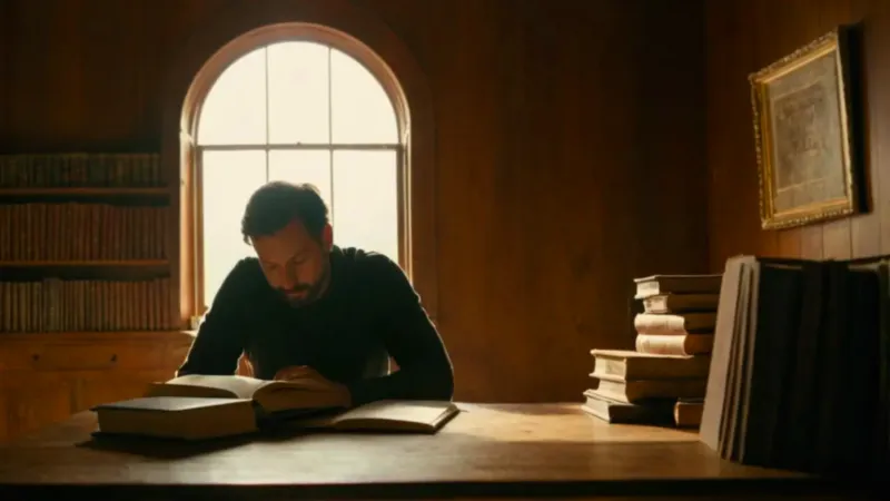 Estudio concentrado bajo la luz de lámpara