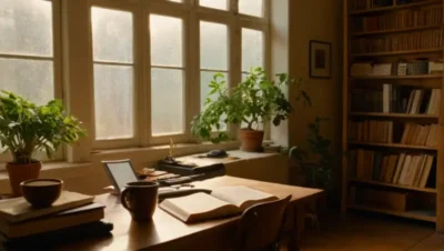 Una figura trabaja en un estudio soleado