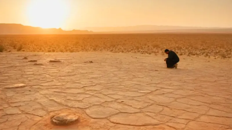 Solitaria figura examina el desierto dorado