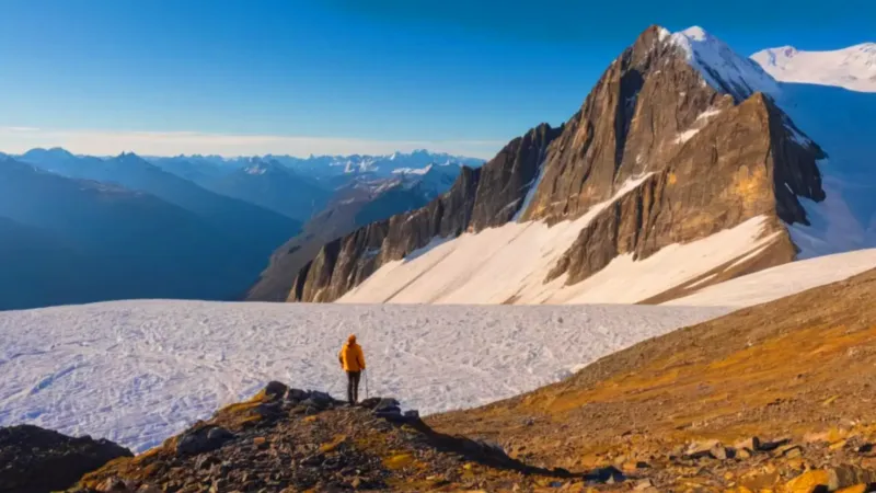 Excursionista ante la inmensidad de las montañas