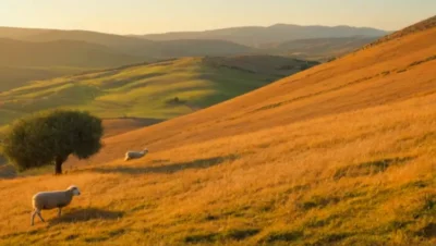 Escena pastoril en un atardecer dorado