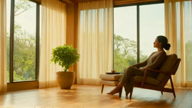 Mujer en calma contempla por la ventana