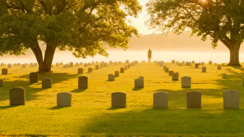 Solitaria figura contempla una tumba al atardecer