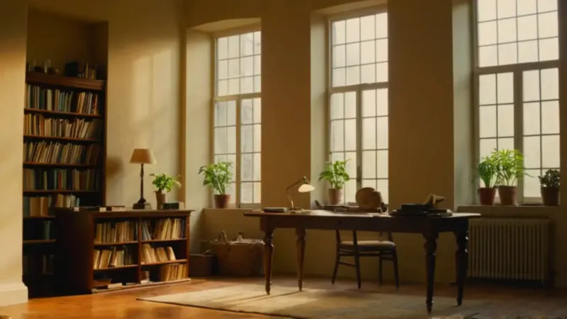 Una figura trabaja en un estudio luminoso