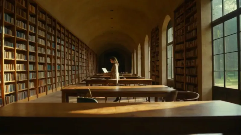 Mujer concentrada en una vasta biblioteca iluminada