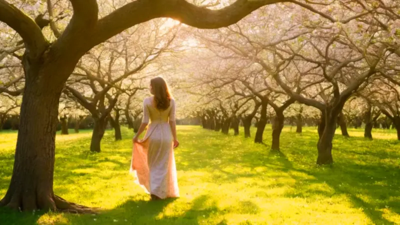 Mujer en un tranquilo huerto en flor