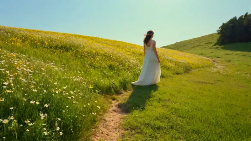 Mujer sola en un prado soleado