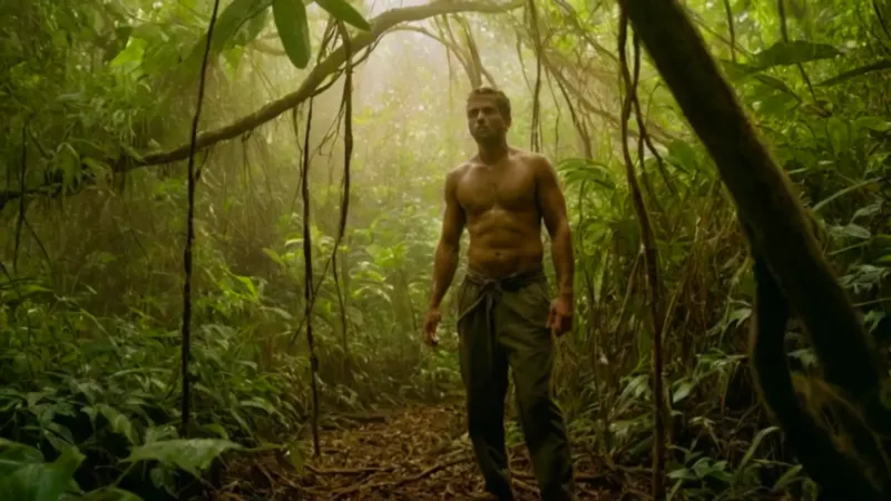 Un hombre tenso aguarda en la jungla