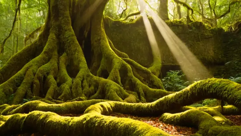 Figura solitaria entre ruinas en la selva