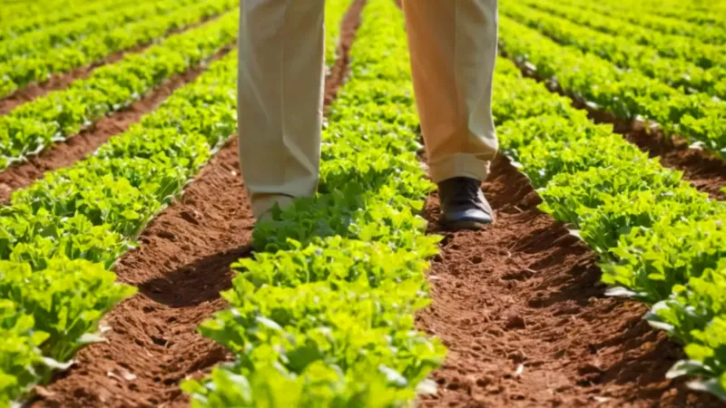 Un agricultor inspecciona de cerca su cultivo