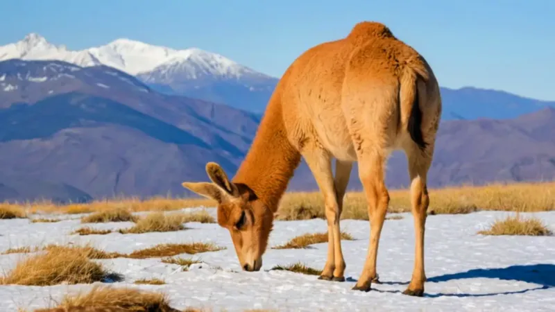 Altiplano andino con persona y camélidos