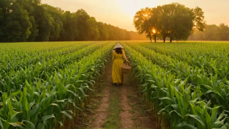 Mujer en el maizal al atardecer